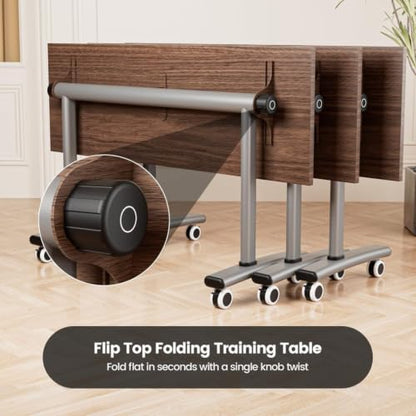 Folding Conference Table with Wheels, Mobile Flip-Top Training Table, Modular Space-Saving Meeting Table for Office, Classroom, Seminar, Library (10, Walnut, 55IN) - color: Walnut, size: 55IN