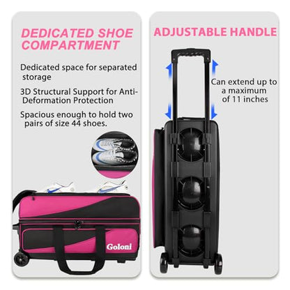 Goloni 3 Ball Bowling Bag with Wheels, Rolling Bowling Roller Bag with Retractable Handle for Balls & Bowling Accessories - color: 3 Ball-Pink