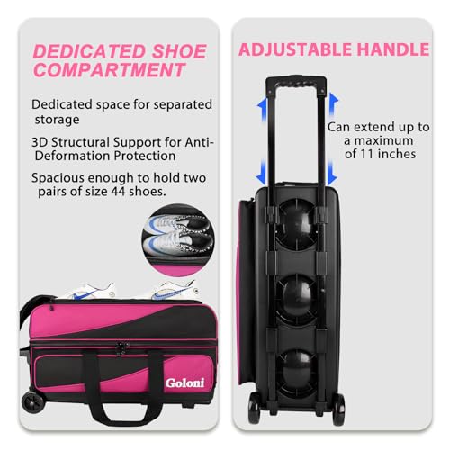 Goloni 3 Ball Bowling Bag with Wheels, Rolling Bowling Roller Bag with Retractable Handle for Balls & Bowling Accessories - color: 3 Ball-Pink