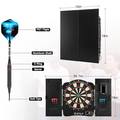 Electronic Dartboard Cabinet, Digital Soft Tip Dartboards with LED Scoreboard, Dart Board Set with 40 Games 420 Variants, 6 Darts, 100 Tips