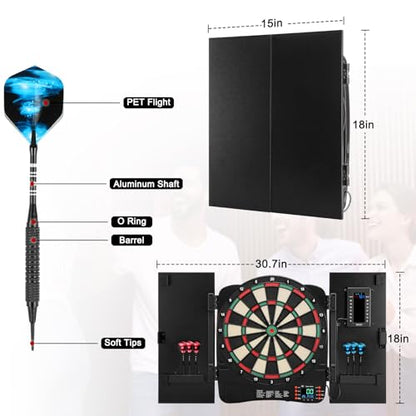 Electronic Dartboard Cabinet, Digital Soft Tip Dartboards with LED Scoreboard, Dart Board Set with 40 Games 420 Variants, 6 Darts, 100 Tips