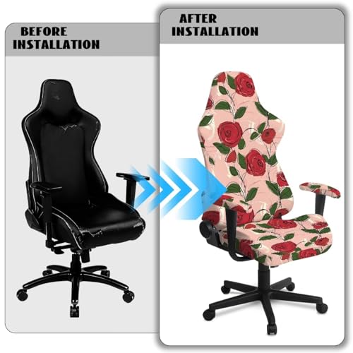 Suobstales Line Rose Flower Pattern Gaming Chair Cover with Armrest Covers Jacquard Computer Game Chair Slipcover with Attached Arms Cat Scratch Proof Washable Removable - color: Line Rose Flower