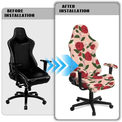 Suobstales Line Rose Flower Pattern Gaming Chair Cover with Armrest Covers Jacquard Computer Game Chair Slipcover with Attached Arms Cat Scratch Proof Washable Removable - color: Line Rose Flower