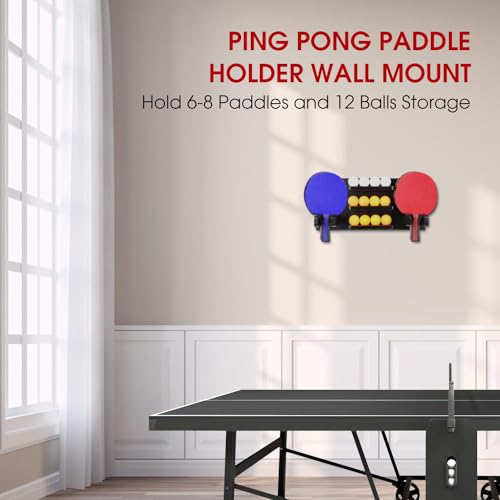 Ping Pong Paddle Holder, Ping Pong Paddle Storage Rack Wall Mounted Holds 8 Paddles and 12 Balls, Table Tennis Racket Display Organizer for Game Room,Home - color: Black