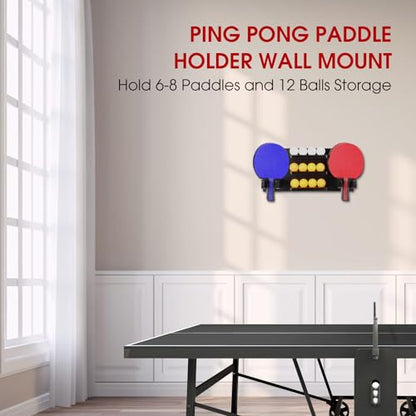 Ping Pong Paddle Holder, Ping Pong Paddle Storage Rack Wall Mounted Holds 8 Paddles and 12 Balls, Table Tennis Racket Display Organizer for Game Room,Home - color: Black