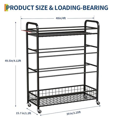 GarveeLife Garage Sports Equipment Organizer - Rolling Ball Storage Bin with Wheels, Garage Sports Gear Rack Outdoor Basketball Racks for Balls with Baseball Bat Holder and Hooks, Toy Organizer