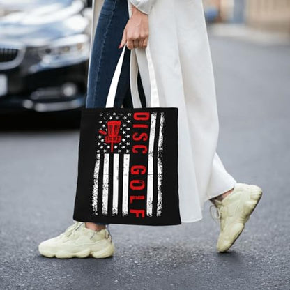 NIENIE American Flag Disc Golf Tote Bag for Women Shopping Bags Reusable Large Capacity Casual Shoulder Handbags DIY Gift Bags Cute Canvas Tote Bag
