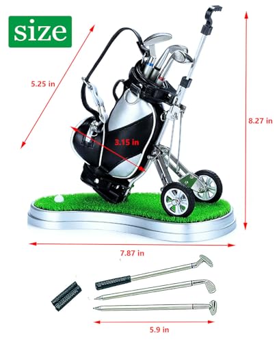 Golf Pen Holder with 3 Club Pens and Movable Golf Cart, Mini Golf Bag Desk Decor for Office, Funny Golf Gifts for Men, Dad, Boss - Stocking Stuffers for Golfers on Birthday, Christmas, Fathers Day - style: Golf Bag w/Cart