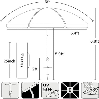 AMMSUN 6ft Folded Portable Travel Beach Umbrella with Sand Anchor Tilt Air vent UPF 50+UV Protection Fit In Suitcase Compact Foldable Telescopic umbrellas for Patio Garden Beach Pool Blue - color: 6ft Navy Blue
