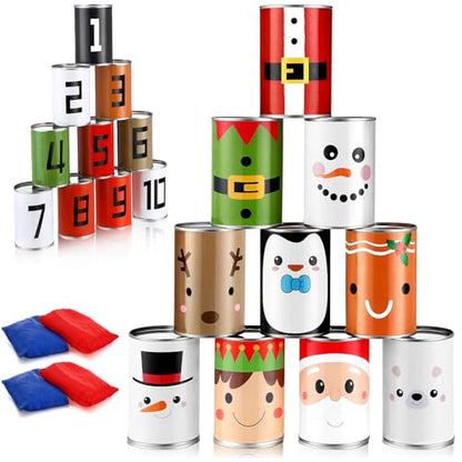Libima Christmas Can Toss Game 10 Tin Can in 10 Xmas Funny Face 4 Bean Bags Throwing Carnival Games Family Lawn Games for Adult Birthday Family Party Indoor Outdoor Beach Yard Camping
