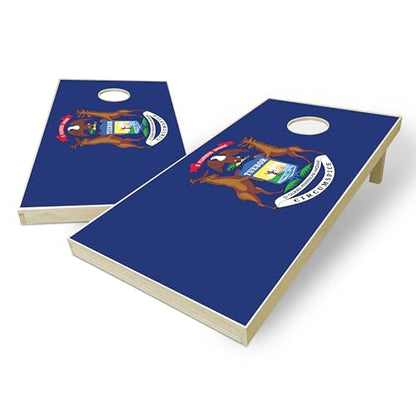 State Flag Solid Wood Regulation Cornhole Set 4 Feet x 2 Feet Includes Set of 8 Bags and Carrying Case with Optional LED Lights and Lamination - style: Michigan