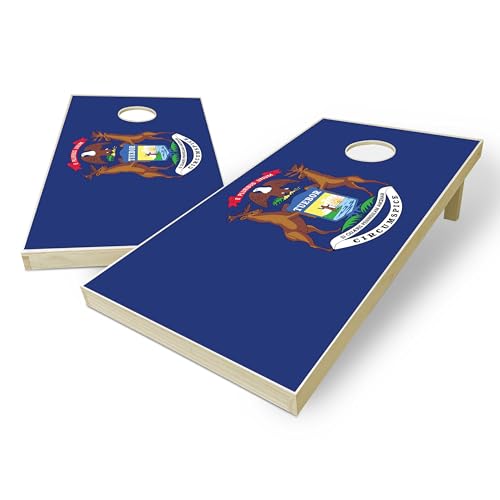 State Flag Solid Wood Regulation Cornhole Set 4 Feet x 2 Feet Includes Set of 8 Bags and Carrying Case with Optional LED Lights and Lamination - style: Michigan