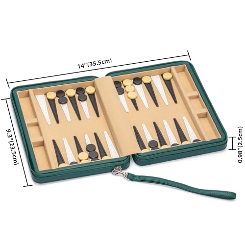 Yellow Mountain Imports Travel Size Backgammon Mini Game Set, Izmir - Magnetic Checkers and 9-inch Board in Sleek Leatherette Case - Classic Strategy Board Game - color: Green