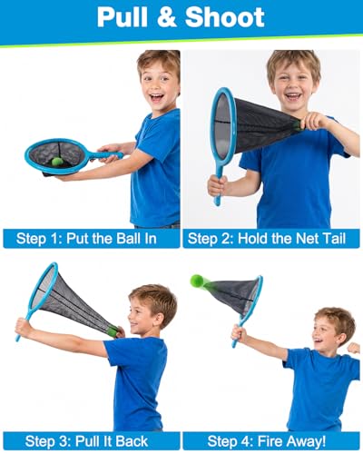 Slingshot Scoop Ball Set, Shoot and Catch Game Set with 2 Oversized Scoop Nets & 8 Foam Balls, Outdoor Toys Yard Pool Beach Games for Kids Ages 5-12, Birthday Gifts for Boys Girls