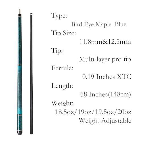 Carbon Fiber Pool Cue,11.8mm/12.5mm Low Deflection Cue Stick,Professional Pool Stick with Case - color: Bird Eye Maple_Blue, size: 12.5mm