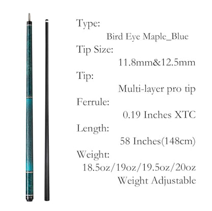 Carbon Fiber Pool Cue,11.8mm/12.5mm Low Deflection Cue Stick,Professional Pool Stick with Case - color: Bird Eye Maple_Blue, size: 11.8mm