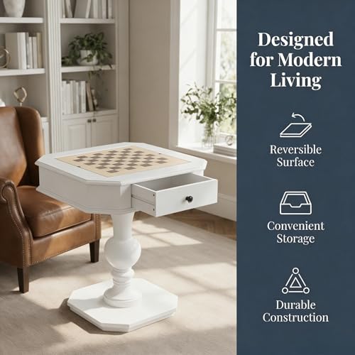 Chess Table, Reversible Chess Checker Game Table with 2 Drawers for Family Entertainment Room, 3-in-1 Square Game Tray for Chess Checker Backgammon, White - size: 28''-Chess Table White