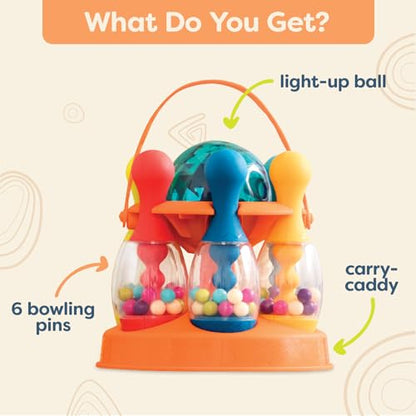 B. toys – Let's Glow Bowling! – Multicolored Six Pin Toy Bowling Set with Flashing Light – Up Ball & Carrying Caddy for Kids – 2+ Years