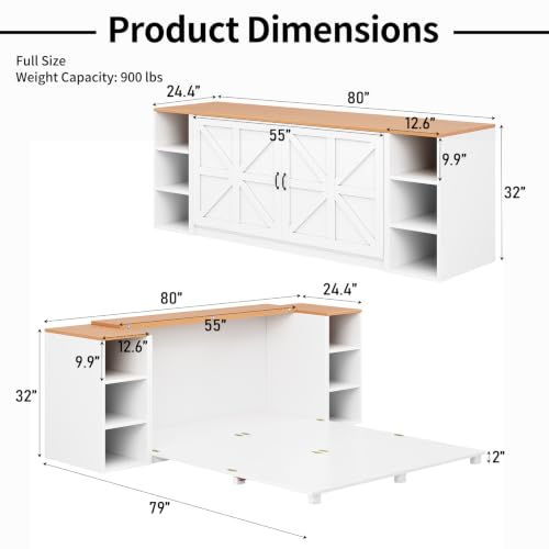 Full Murphy Bed Cabinet, Farmhouse Murphy Bed with Wooden Foldable Platform, 6 Open Cubby Storage Shelves, Saving Space Wall Bed for Guest Room, Home Office & Apartment, White - size: Full