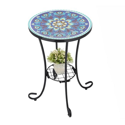 VCUTEKA Outdoor Side Table Mosaic Patio Table Accent Tables Mosaic Tile Top Metal Frame Small End Tables Porch Beach Patio Garden Balcony Peacock Feather 14'' - color: Peacock Feathers