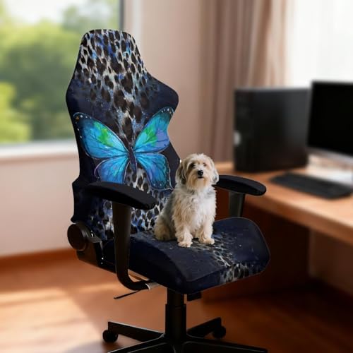 Suobstales Butterfly Leopard Print Gaming Chair Covers with Armrest Covers, Elastic Computer Chair Slipcovers Stretchable Washable Gaming Chair Seat Cover - color: Butterfly Leopard