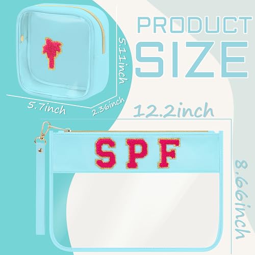 BuyCard Preppy Patch SPF Clear Cosmetic Bag Chenille Letter Makeup Pouch Transparent Nylon & PVC Travel Zipper Pouch Organizer Sunscreen Toiletry Bag Waterproof Summer Beach Gifts for Women Girls - color: Blue-SPF