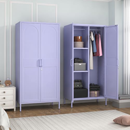 Metal Wardrobe with Lock 67"Clothing Steel Storage Cabinet Locker Hanging Rod And Adjustable Shelves 2 Doors Household kids wardrobe closet Lockers For Bedroom Home Purple Size:67"H X 31.5"W X 18.1"D - color: Purple, style: 67"H-Wardrobe-DY