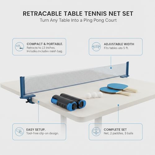 Retractable Table Tennis Net Set with Rackets and Balls, Portable Ping Pong Kit for Flat Surfaces - color: Black