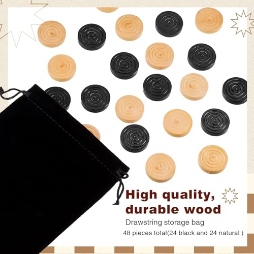 Sumind 48 Pcs Wooden Checkers Pieces 1.06 Inch Checker Pieces in Drawstring Storage Pouch Board Game with Stackable Ridge for Travel Office Backgammon Game(Black, Natural) - color: Black, Natural
