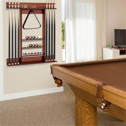 Brown Pine Wood Wall Mounted Billiard Cue Rack, Holds 8 Pool Cues and 16 Balls, Wall Mount Pool Stick Holder for Cue Balls Chalk, Game Room Decor, Billiard Accessories Storage Shelves for Wall