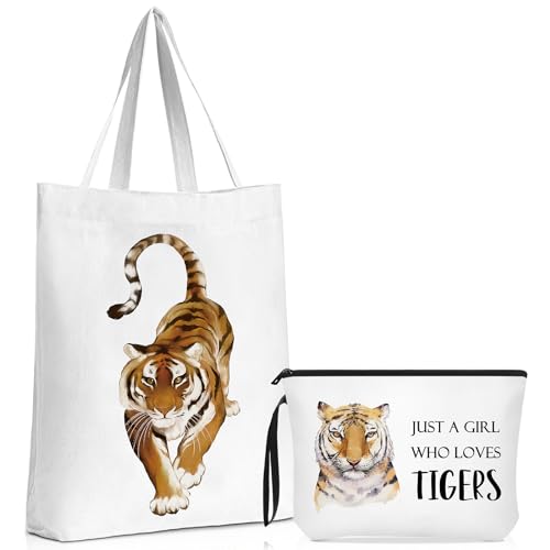 Sieral 2 Pcs Animal Lover Bag Gift for Women Travel Canvas Tote Portable Zipper Pouch Canvas Reusable Grocery Tote - style: Tiger