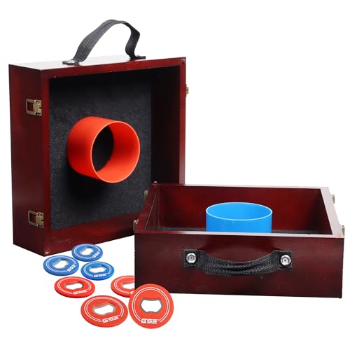 GSE Games & Sports Expert Premium Wood Washer Toss Game Set with 8 Washers with Bottle Opener for Adults and Family. Portable Lawn Game for Beach, Backyard, Pitching, Tailgating, Camping - color: Mahogany