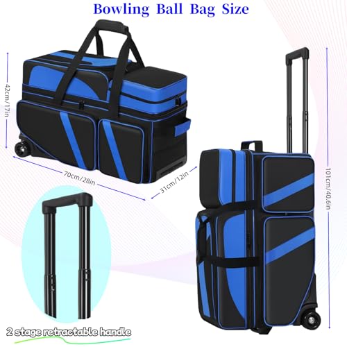 3 Ball Bowling Bags With Wheels,Bowling Bags 3 Ball Roller With Shoes Compartment And Multiple Pockets,3 Ball Bowling Bag has Retractable Handle Extends to 41.5 in - color: blue
