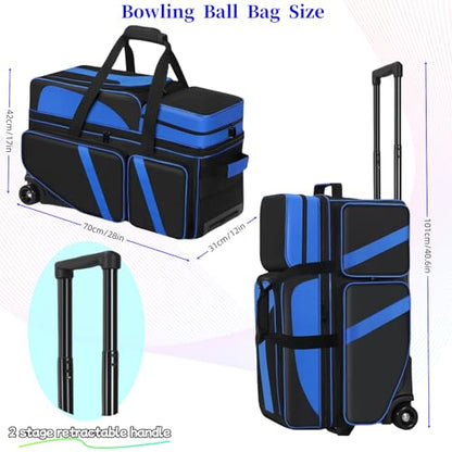 3 Ball Bowling Bags With Wheels,Bowling Bags 3 Ball Roller With Shoes Compartment And Multiple Pockets,3 Ball Bowling Bag has Retractable Handle Extends to 41.5 in - color: blue