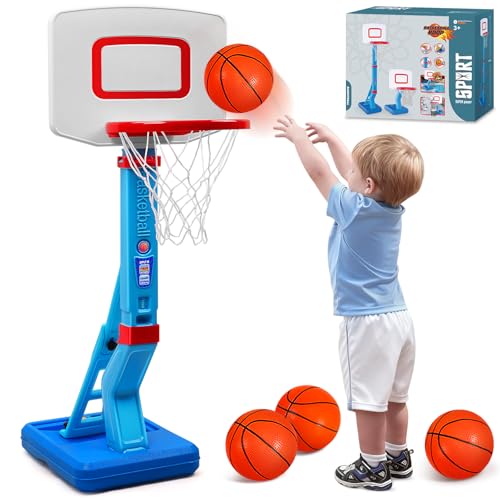 Toddler Basketball Hoop Indoor Outdoor - Height Adjustable 27.6-54 Inches (5 Slots), Kids Basketball Hoop with 4 Inflatable Balls & Pump, Safe Toddler Toys for 1-6 Year Old Boys Girls - color: blue