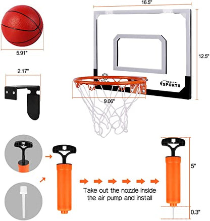 Mini Basketball Hoop Over The Door - Wall Mounted Basketball Hoop Set with Complete Accessories - Basketball Toys Gifts for 6 7 8 9 10 11 12 Year Old Boys