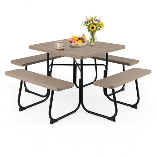 Giantex Picnic Table Bench Set for 8 Persons, Square Outdoor Table and Bench with Umbrella Hole, HDPE Top & Metal Frame, 2000LBS Capacity, Patio Table Set for Deck Yard Garden, Coral Reef - color: Coral Reef, size: Square-35"x35"x30"