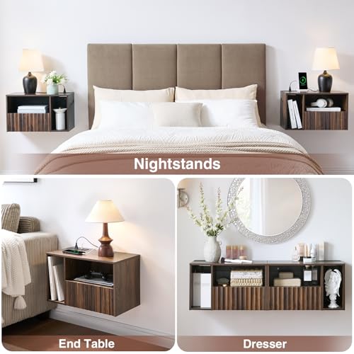 BuildHom Floating Nightstand with Charging Station, Walnut Fluted Wall Mounted NightStand with Drawers, Bedside with USB Ports and Outlets, Bedroom Furniture (Set of 2) - color: Walnut, size: Set of 2