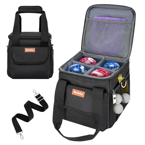 Bocce Ball Bag for 8 Balls, Bocce Ball Set Carrying Case with Removable Dividers, Padded Bocce Storage Bag with Shoulder Strap & Mesh Pockets for Lawn Games, Black (Bag Only)