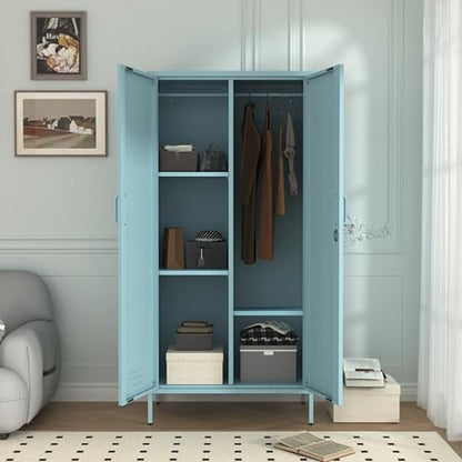 Industrial 67" Blue Lockable Metal 2-Door Storage Cabinet, Multi-Purpose Wardrobe with Hanging Rod & Adjustable Shelves, Heavy Duty for Bedroom, Garage, Home Office 67" H X 31.5" W X 18.1" D - color: Ocean, style: Wardrobe-67"H-JS