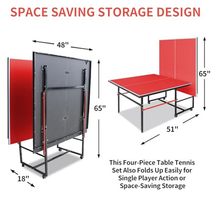 Ping Pong Table Foldable Indoor 8/8.5/9FT Single Player Playback Mode Game Set with Paddles and Balls - color: Red-8x4FT