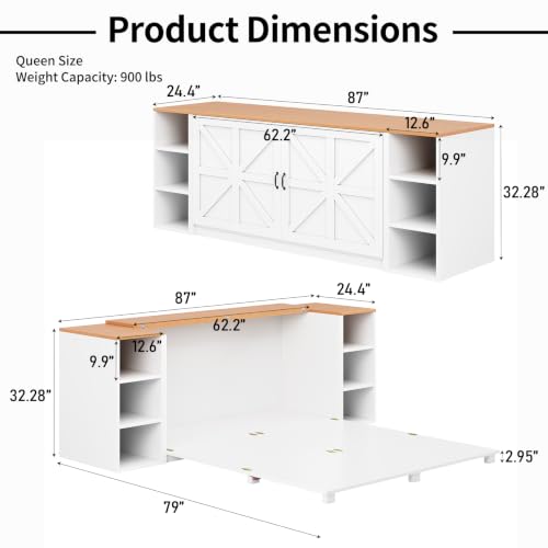 Queen Murphy Bed Cabinet, Farmhouse Murphy Bed with Wooden Foldable Platform, 6 Open Cubby Storage Shelves, Saving Space Wall Bed for Guest Room, Home Office & Apartment, White - size: Queen (U.S. Standard)