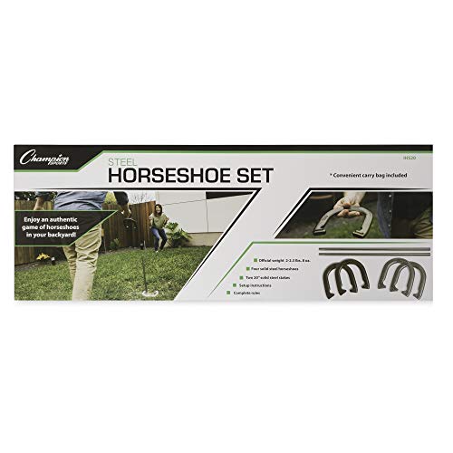 Champion Sports Horseshoe Set: Traditional Outdoor Lawn Game includes Four Professional Solid Steel Horseshoes with Solid Steel Stakes & Carrying Storage Case - style: Classic Set