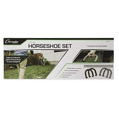 Champion Sports Horseshoe Set: Traditional Outdoor Lawn Game includes Four Professional Solid Steel Horseshoes with Solid Steel Stakes & Carrying Storage Case - style: Classic Set