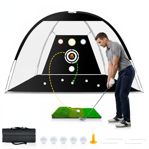 Golf Net - Upgraded All-in-One 10x7ft Golf Practice Net with 5 Real Balls, Tri-Turf Mat and Portable Bag, Durable Hitting Nets for Backyard Driving Swing Outdoor - style: Black/White-Pro
