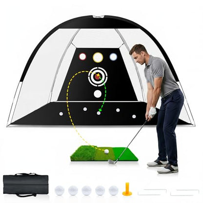 Golf Net - Upgraded All-in-One 10x7ft Golf Practice Net with 5 Real Balls, Tri-Turf Mat and Portable Bag, Durable Hitting Nets for Backyard Driving Swing Outdoor - style: Black/White-Pro