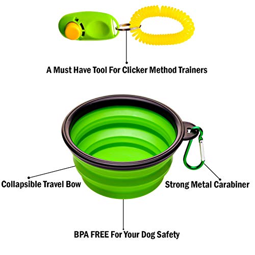 Dog Treat Pouch for Training & Walking, Pet Treat Bag with Poop Bag Dispenser, Pro Clicker, Collapsible Travel Bowl & Reflective Shoulder Strap - Black/Green