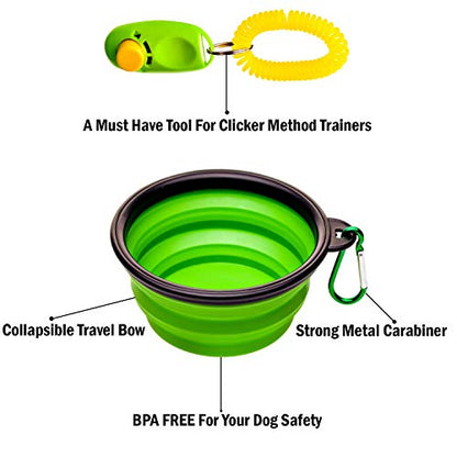 Dog Treat Pouch for Training & Walking, Pet Treat Bag with Poop Bag Dispenser, Pro Clicker, Collapsible Travel Bowl & Reflective Shoulder Strap - Black/Green