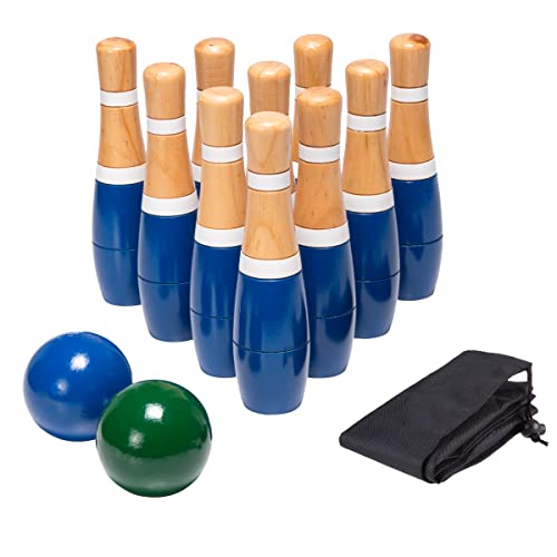 HEY! PLAY! 13-Piece Wood Bowling Set - Indoor/Outdoor Bowling Game for Adults and Kids Ages 3 and Up - 10 Wood Pins, 2 Balls, and Carrying Bag (Blue) - color: Blue & White