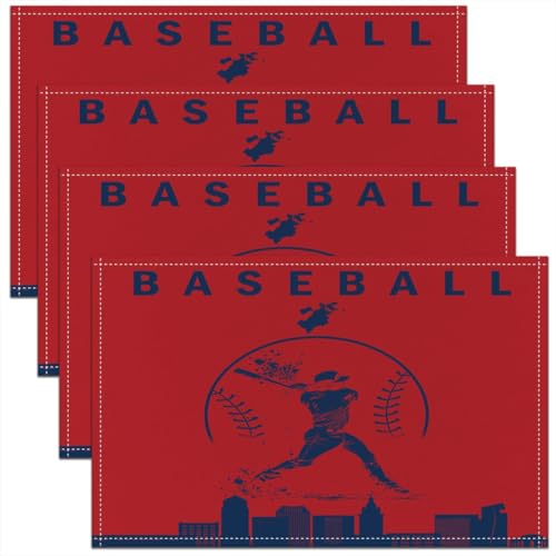 Erosebridal Baseball Place Mat Set 4 Piece Softball Placement Mats Sports Games Placemats Athlete City Silhouette Table Mats for Kitchen Dining Table, Red Dark Blue - color: Red Dark Blue